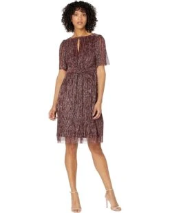 Adrianna Papell Crinkle Metallic Tie Front Midi Dress