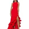Betsy & Adam Long Halter Crepe Tiered Ruffle Gown